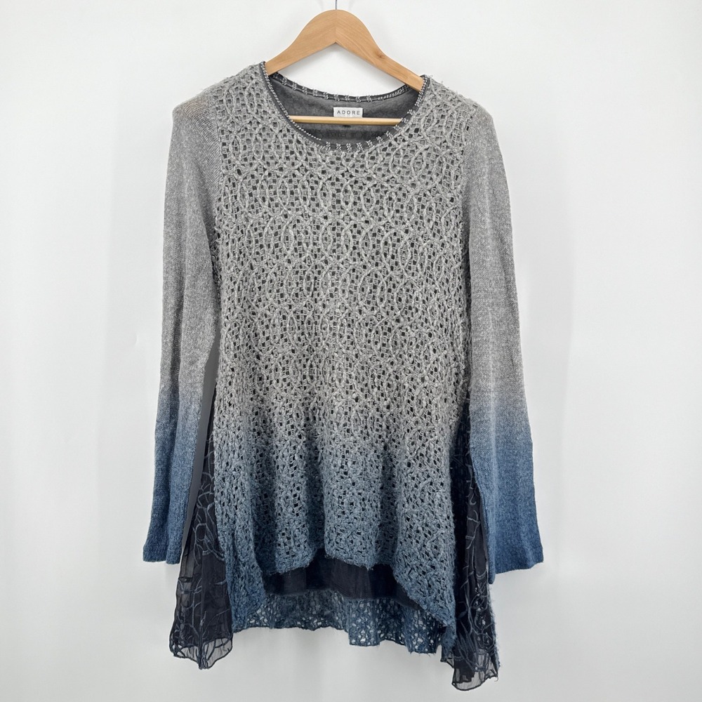 ADORE Ombre Knit Tunic Top Small Gray Blue Layered Long Sleeve Boho Lagenlook‎